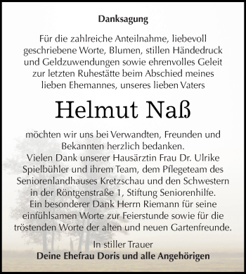 Traueranzeige von Helmut Naß von Super Sonntag Zeitz