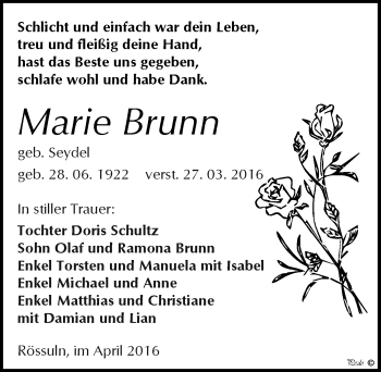 Traueranzeige von Marie Brunn von Mitteldeutsche Zeitung Weißenfels