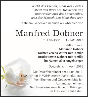 Traueranzeige von Manfred Dobner von Super Sonntag Wittenberg