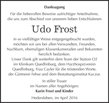 Traueranzeige von Udo Frost von WVG - Wochenspiegel Quedlinburg