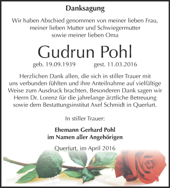 Traueranzeige von Gudrun Pohl von WVG - Wochenspiegel NMB / WSF / ZTZ