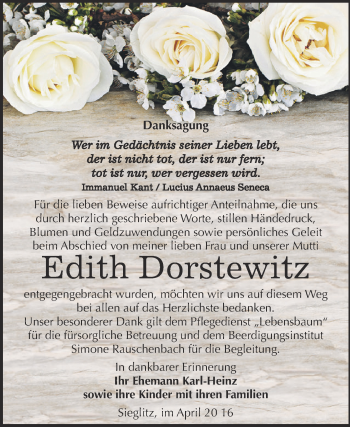 Traueranzeige von Edith Dorstewitz von WVG - Wochenspiegel NMB / WSF / ZTZ