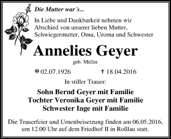 Traueranzeige von Annelies Geyer von Mitteldeutsche Zeitung Dessau-Roßlau