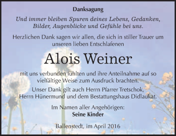 Traueranzeige von Alois Weiner von WVG - Wochenspiegel Quedlinburg