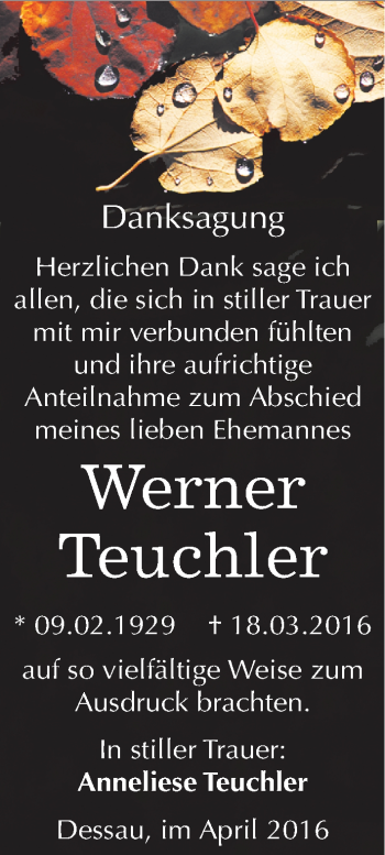 Traueranzeige von Werner Teuchler von Mitteldeutsche Zeitung Dessau-Roßlau