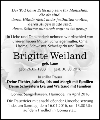 Traueranzeige von Brigitte Weiland von Mitteldeutsche Zeitung Sangerhausen