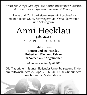 Traueranzeige von Anni Hecklau von Mitteldeutsche Zeitung Quedlinburg