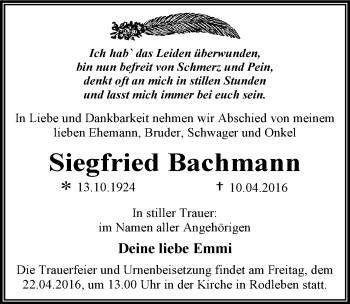 Traueranzeige von Siegfried Bachmann von Mitteldeutsche Zeitung Dessau-Roßlau
