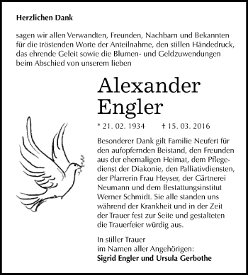 Traueranzeige von Alexander Engler von WVG - Wochenspiegel Quedlinburg