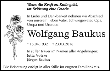 Traueranzeige von Wolfgang Baukus von Mitteldeutsche Zeitung Dessau-Roßlau