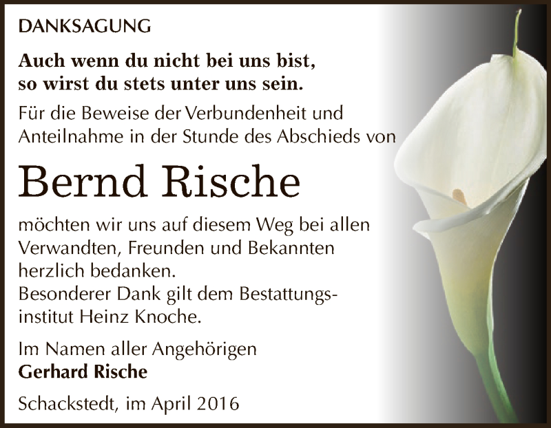  Traueranzeige für Bernd Rische vom 30.04.2016 aus Super Sonntag Bernburg