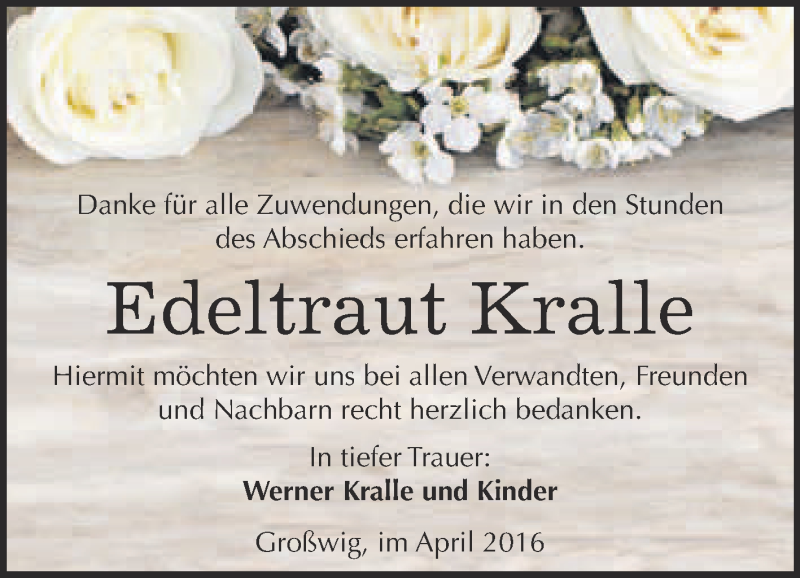  Traueranzeige für Edeltraut Kralle vom 16.04.2016 aus WVG - Wochenspiegel Wittenberg