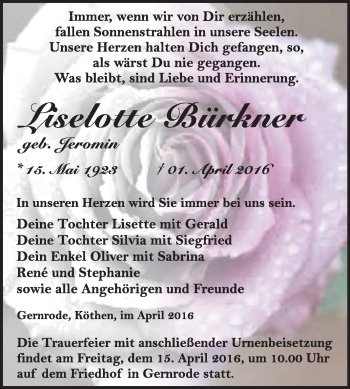 Traueranzeige von Liselotte Bürkner von WVG - Wochenspiegel Quedlinburg