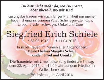Traueranzeige von Siegfried Erich Schiele von Wochenspiegel Mansfelder Land