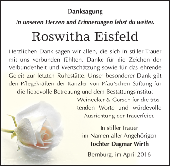 Traueranzeige von Roswitha Eisfeld von Mitteldeutsche Zeitung Bernburg