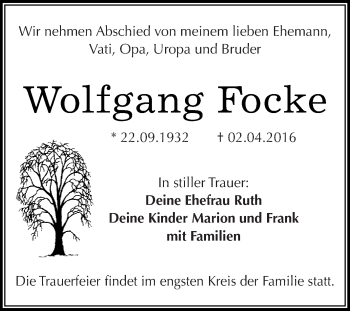 Traueranzeige von Wolfgang Focke von WVG - Wochenspiegel Dessau / Köthen