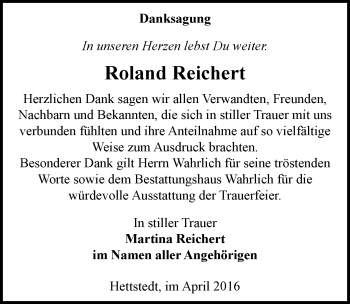 Traueranzeige von Roland Reichert von Mitteldeutsche Zeitung Mansfelder Land