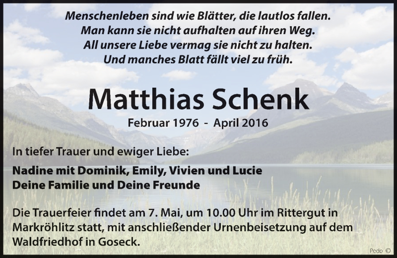  Traueranzeige für Matthias Schenk vom 30.04.2016 aus Mitteldeutsche Zeitung Weißenfels