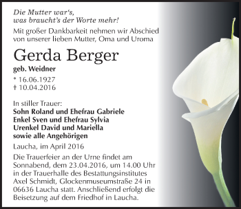 Traueranzeige von Gerda Berger von Mitteldeutsche Zeitung Naumburg/Nebra