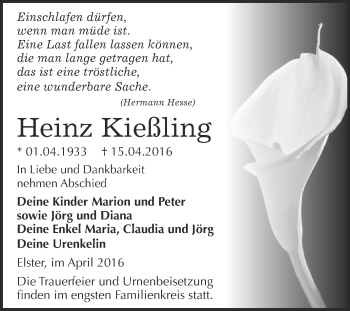Traueranzeige von Heinz Kießling von WVG - Wochenspiegel Wittenberg