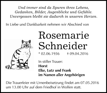Traueranzeige von Rosemarie Schneider von Mitteldeutsche Zeitung Bitterfeld