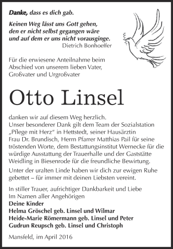 Traueranzeige von Otto Linsel von Wochenspiegel Mansfelder Land