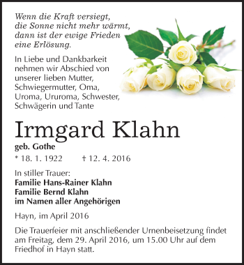 Traueranzeige von Irmgard Klahn von Mitteldeutsche Zeitung Sangerhausen