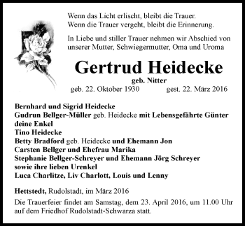 Traueranzeige von Gertrud Heidecke von Mitteldeutsche Zeitung Mansfelder Land
