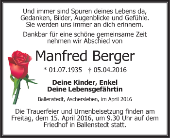Traueranzeige von Manfred Berger von Mitteldeutsche Zeitung