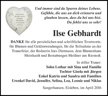 Traueranzeige von Ilse Gebhardt von WVG - Wochenspiegel SGH