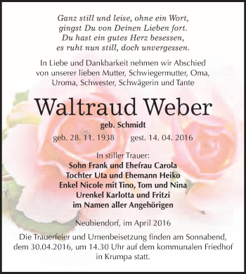 Traueranzeige von Waltraud Weber von WVG - Wochenspiegel Merseburg