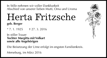 Traueranzeige von Herta Fritzsche von Mitteldeutsche Zeitung Merseburg/Querfurt