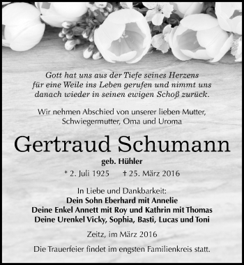 Traueranzeige von Gertraud Schumann von Mitteldeutsche Zeitung Zeitz