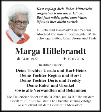 Traueranzeige von Marga Hillebrandt von WVG - Wochenspiegel Dessau / Köthen