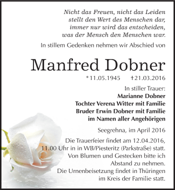 Traueranzeige von Manfred Dobner von Mitteldeutsche Zeitung Wittenberg