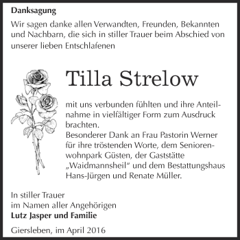 Traueranzeige von Tilla Strelow von WVG - Wochenspiegel Aschersleben