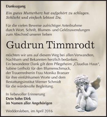 Traueranzeige von Gudrun Timmrodt von Mitteldeutsche Zeitung Quedlinburg