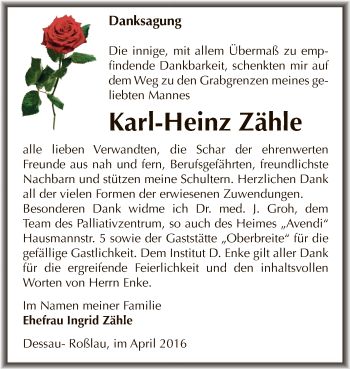 Traueranzeige von Karl-Heinz Zähle von WVG - Wochenspiegel Dessau / Köthen