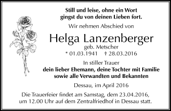 Traueranzeige von Helga Lanzenberger von Mitteldeutsche Zeitung Dessau-Roßlau
