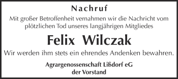 Traueranzeige von Felix Wilczak von WVG - Wochenspiegel NMB / WSF / ZTZ