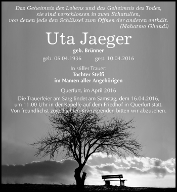 Traueranzeige von Uta Jaeger von Mitteldeutsche Zeitung Merseburg/Querfurt