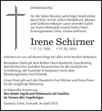 Traueranzeige von Irene Schirner von Mitteldeutsche Zeitung Naumburg/Nebra