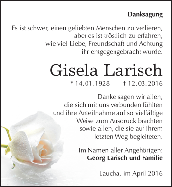 Traueranzeige von Gisela Larisch von Mitteldeutsche Zeitung Naumburg/Nebra