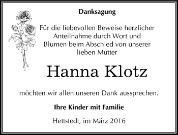 Traueranzeige von Hanna Klotz von Mitteldeutsche Zeitung Mansfelder Land