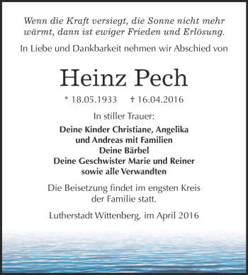 Traueranzeige von Heinz Pech von Super Sonntag Wittenberg