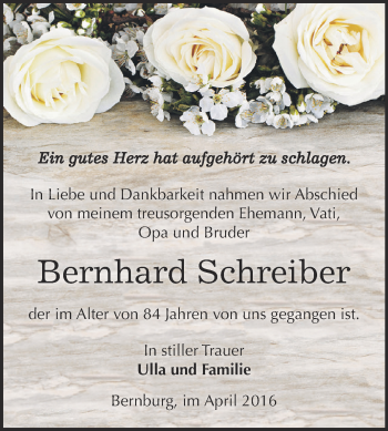 Traueranzeige von Bernhard Schreiber von Super Sonntag Bernburg