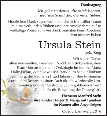 Traueranzeige von Ursula Stein von Mitteldeutsche Zeitung Merseburg/Querfurt