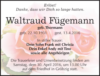 Traueranzeige von Waltraud Fügemann von Mitteldeutsche Zeitung Köthen