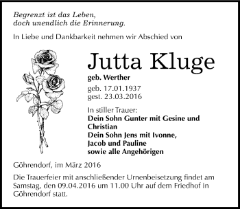 Traueranzeige von Jutta Kluge von Mitteldeutsche Zeitung Merseburg/Querfurt