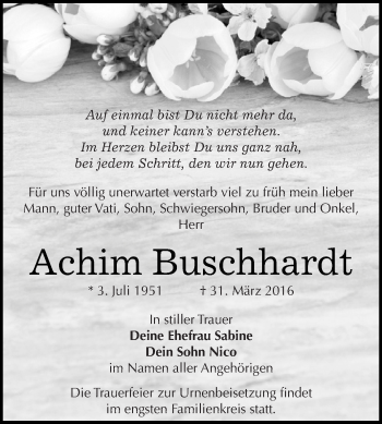 Traueranzeige von Achim Buschhardt von WVG - Wochenspiegel NMB / WSF / ZTZ